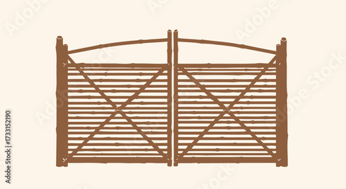 Brown wooden double gate with horizontal slats and crisscross design.