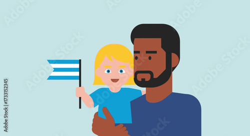 Diverse father holding happy child with striped flag, family bond illustration
