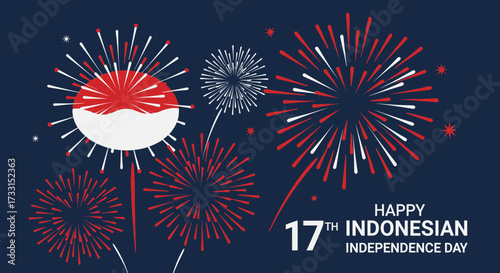 Happy Indonesian Independence Day. Festive fireworks with national flag colors on blue background. August 17th celebration vector.