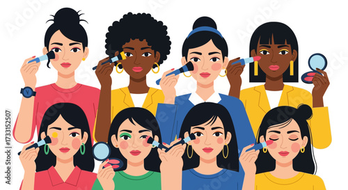 Diverse Women Applying Makeup. Beauty Routine, Cosmetics, and Self-Care. Vector Illustration.