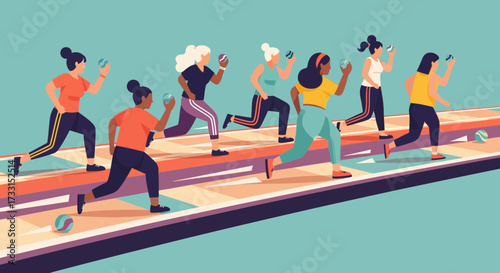 Diverse women running a digital race on a track, each focused on a smartphone, symbolizing modern tech competition and lifestyle.