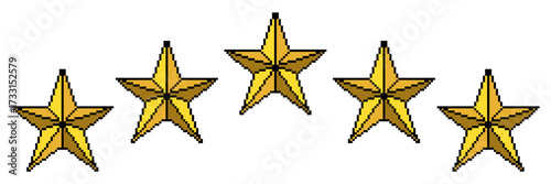 Pixel five stars vector. Ideal for rating, quality, and excellence themes. A modern, digital icon that signifies a top score with a pixelated, technology-inspired look.