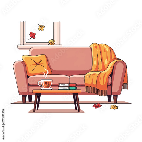 Illustration of a cozy living room with a pink couch, orange throw blanket, and steaming cup of coffee on a wooden coffee table, surrounded by autumn leaves against a white background.