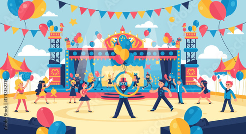 Lively Outdoor Festival Scene with Stage, Dancing People, Colorful Balloons, and Festive Bunting Illustration.