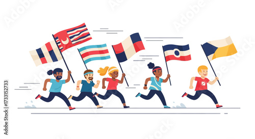 Diverse children running with international flags, symbolizing global unity and sportsmanship in a flat illustration