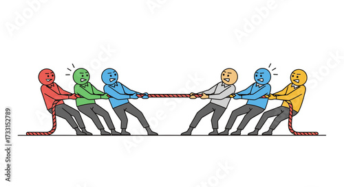 Cartoon teams in a tug-of-war competition, symbolizing teamwork, rivalry, and strength in a challenge