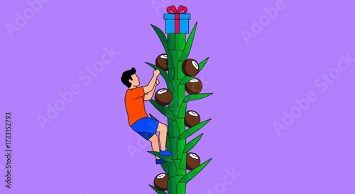 Man climbing tall plant stalk with coconuts towards a gift box, symbolizing ambition and reward