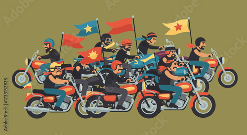 Flat design illustration of a motorcycle club on a group ride with flags, depicting biker lifestyle and camaraderie