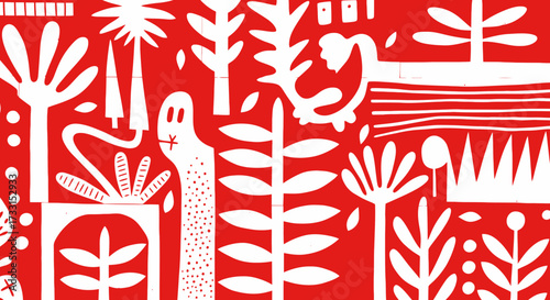 Red and White Folk Art Pattern with Stylized Plants & Creatures; Graphic Nature Illustration Background