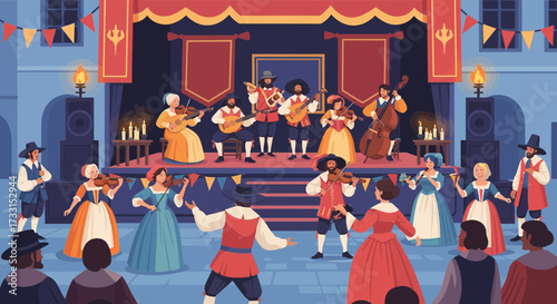 Renaissance Festival with Musicians and Dancers in Period Attire
