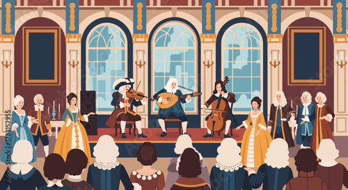 Baroque Classical Music Concert in Elegant Grand Hall with Period Audience Illustration