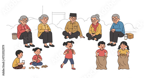 Intergenerational community: Elderly watching children play traditional games. Family bonding and childhood fun illustration.