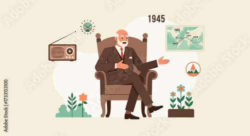 1945 Historical Reflection: Senior Man Discusses Global Events with Radio and World Map Illustration