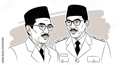 Monochrome illustration of two statesmen with traditional hats and glasses