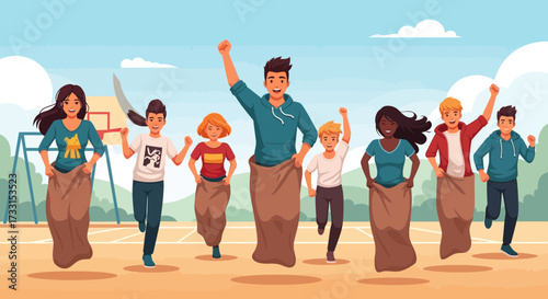 Joyful Diverse Young People Competing in a Sack Race Outdoors. Fun School Sports Day or Summer Camp Activity.