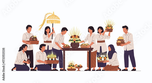 Balinese Community Preparing Traditional Offerings for Religious Ceremony