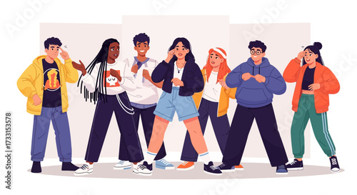 Diverse Group of Cool Teenagers Posing in Modern Streetwear Fashion Illustration