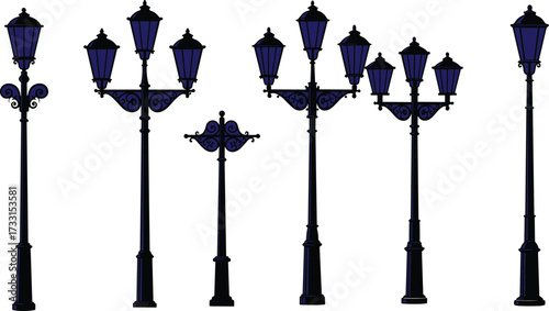 Set of vintage street lamps, decorative lanterns, retro outdoor lighting poles, classic city night lights, elegant urban lamp post illustrationSet of vintage 
