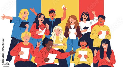 Diverse Group of Young People Singing in a Choir. Vocal Ensemble Performance with Animated Expressions and Lyrics. Flat Illustration.