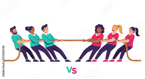 Tug of War competition with diverse teams illustrating rivalry, teamwork, and challenge. Concept of business competition.