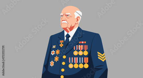Distinguished senior military veteran in uniform, decorated with numerous medals and ribbons, symbolizing service and honor
