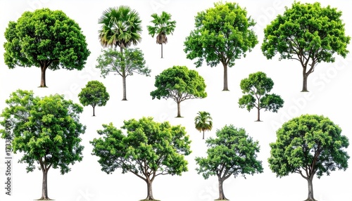 A collection of various green trees isolated on a white background