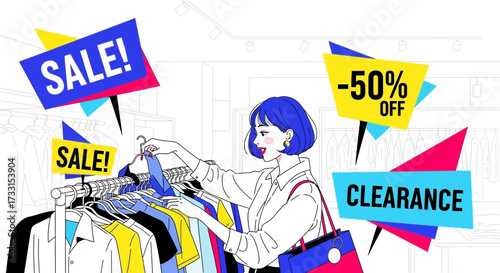 Happy woman browsing clothes rack during a retail sale event with discount and clearance offers