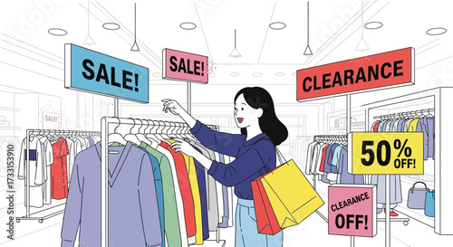 Happy woman shopping clothes on sale in a retail store. Discount signs, shopping bags, and clearance event concept.