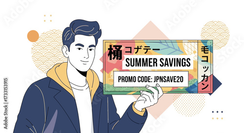Trendy man holding summer savings promo code ticket, abstract Japanese pattern background illustration