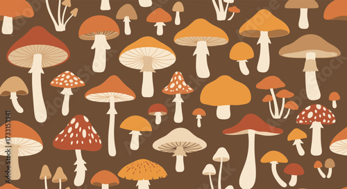 A delightful collection of diverse mushrooms scattered across a warm brown background.