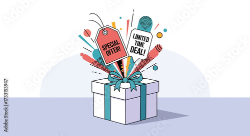 Special Offer & Limited Time Deal exploding from gift box. Marketing promotion, discount, and sale concept illustration.