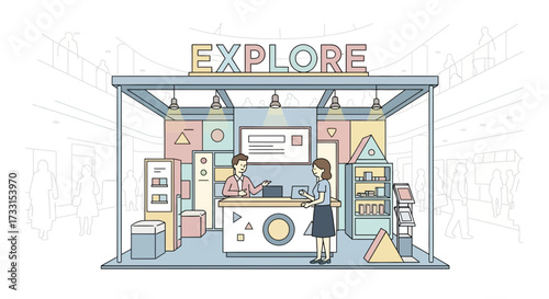 Exhibition booth with 'EXPLORE' sign and people interaction. Line art trade show stand illustration.
