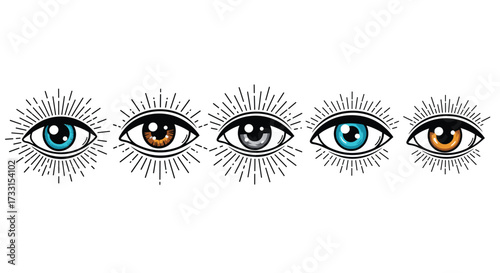A collection of five stylized eyes with radiating lines of light above them.