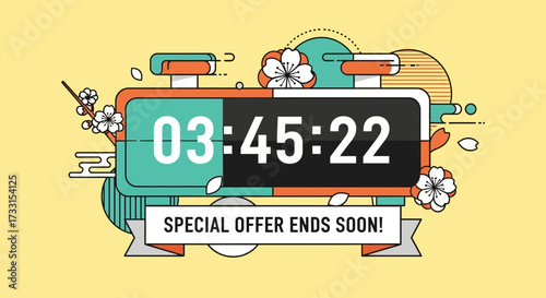 Special Offer Ends Soon! Digital countdown timer with stylish flat design, cherry blossoms, and abstract shapes for limited-time sales