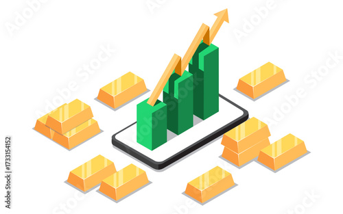 Mobile Gold Investment Growth Chart ,Financial Growth Concept with Gold and Chart,Rising Gold Value