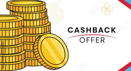 Cashback Offer with Golden Coins. Financial Reward, Money Back, Discount Promotion Vector Illustration