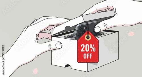 Hands unboxing new smartphone with 20% off tag. E-commerce sale, discount purchase, mobile device unboxing illustration.