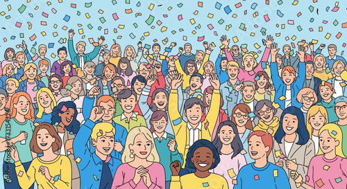 Vibrant illustration of a diverse, happy crowd celebrating with confetti, community success and joy