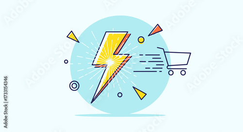 Lightning fast e-commerce delivery concept. Quick online shopping cart icon with speed lines and power bolt.