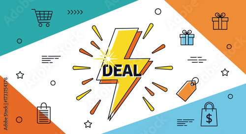 Dynamic "DEAL" Lightning Bolt with E-commerce Shopping Icons. Sale, Discount, Promotion, Online Offer Concept.