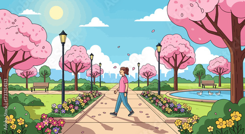 Bright spring park scene with a person walking on a path, surrounded by pink cherry blossoms and vibrant flowers.