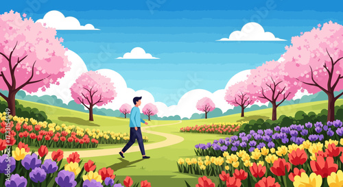 Person walking through a vibrant spring park with blooming cherry trees and colorful flower beds