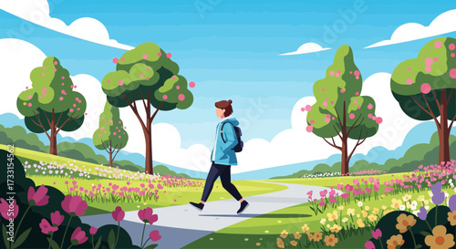 Solo walk in a vibrant spring park with blooming trees and colorful flowers, flat vector illustration