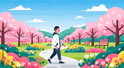 Man Walking Through a Vibrant Spring Park with Blooming Cherry Blossom Trees and Colorful Flowers