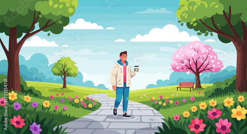 Happy man enjoying a coffee walk in a sunny spring park with blooming flowers and lush green trees on a paved path.