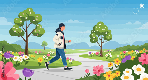 Healthy person walking on park path amidst vibrant spring flowers and green trees under a clear sky. Outdoor stroll and nature activity.