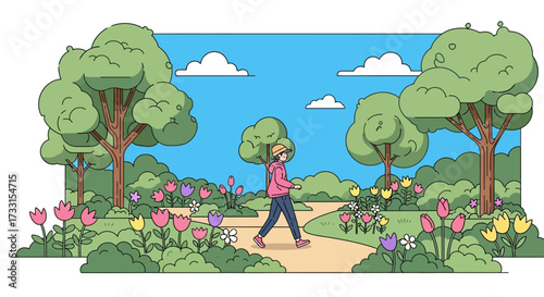 Person walking on a winding path through a vibrant spring park, surrounded by colorful blooming flowers and lush green trees under a blue sky.