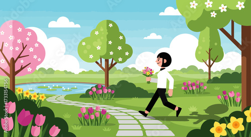 Woman walking with flower bouquet in vibrant spring park. Flat vector illustration of blooming nature and joyful stroll.