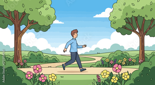 Illustrated man walking briskly on a sunny park path amidst trees, green bushes, and vibrant flowers.