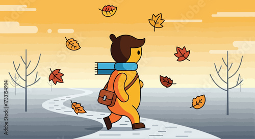 Autumn walk illustration: Cute character strolling on winding path with falling leaves and bare trees under orange sky.